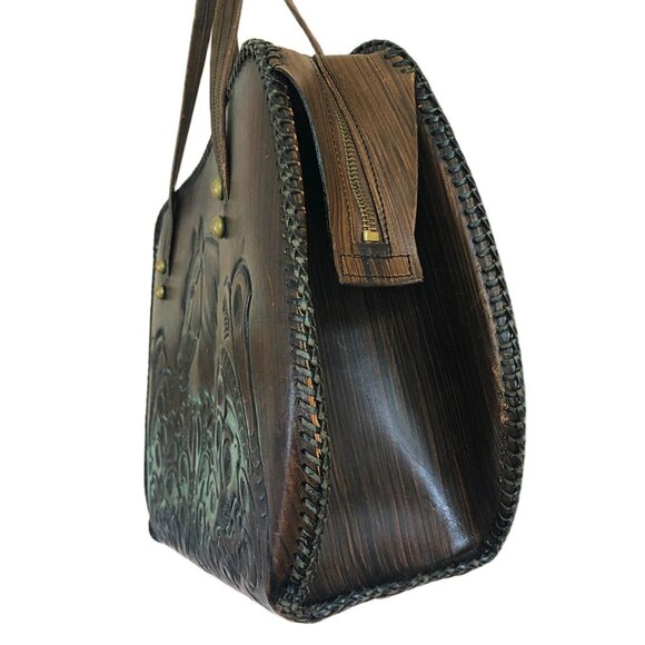 Vintage Jo-O-Kay tooled brown leather horse handbag - Picture 8 of 16